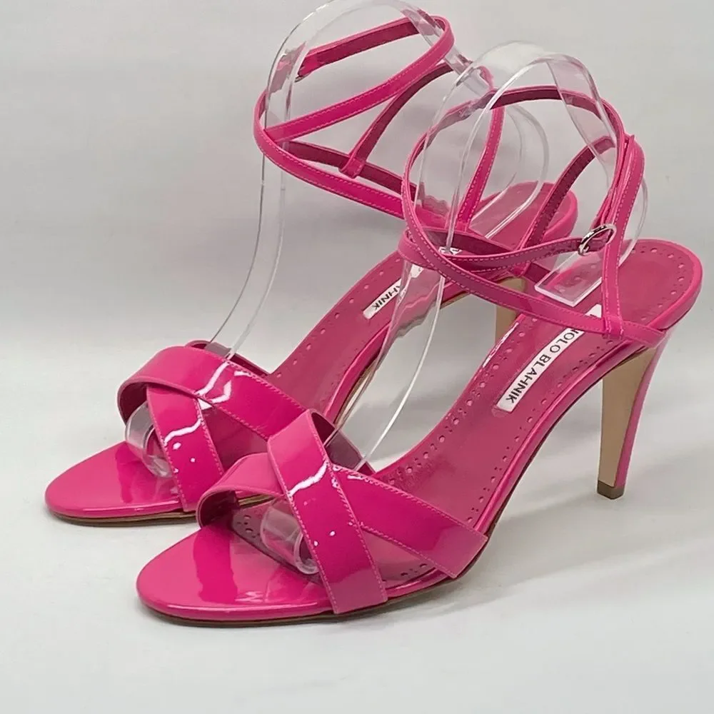 Manolo Blahnik Tormentas 90MM Patent Leather Ankle-Wrap Sandals size 41 - Picture 4 of 12